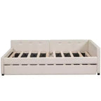 Divano Letto Imbottito con Letto Estraibile e Porta USB, Divano Letto in Legno con Testiera a L per Bambini Adolescenti Adulti, Beige