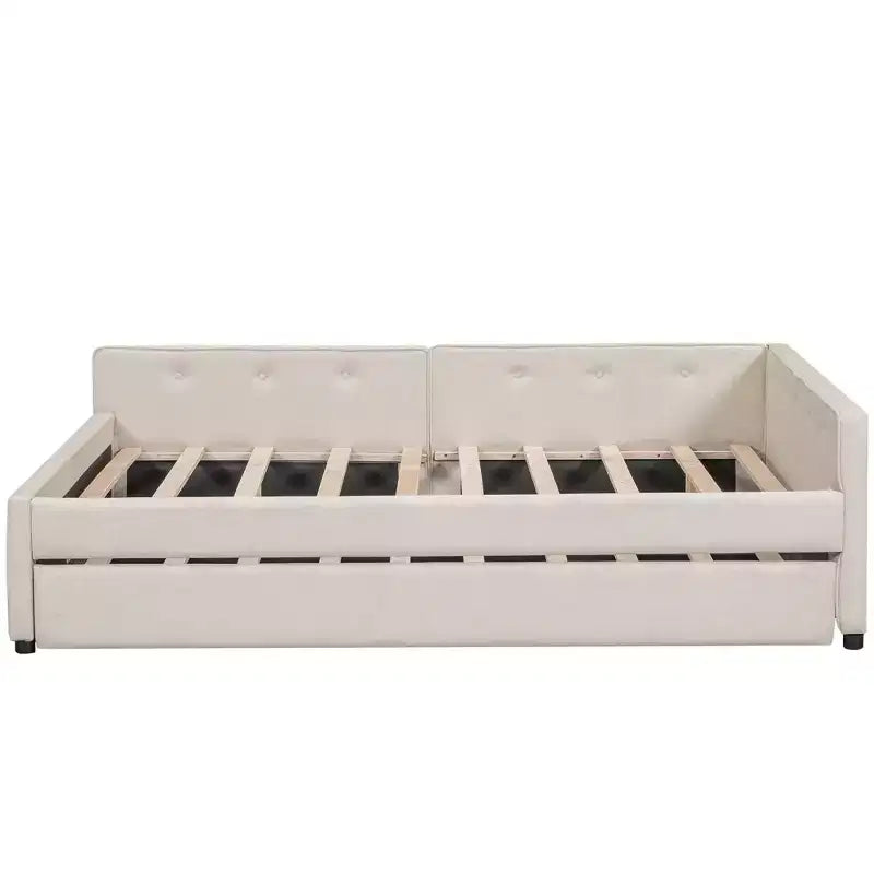 Divano Letto Imbottito con Letto Estraibile e Porta USB, Divano Letto in Legno con Testiera a L per Bambini Adolescenti Adulti, Beige