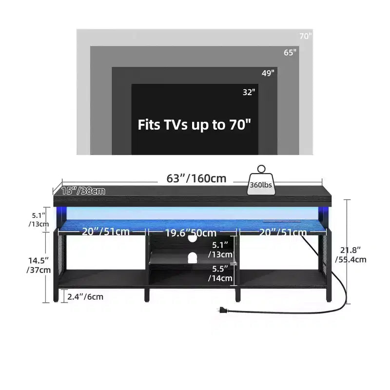 Mobile TV a LED con prese di corrente e ripiani portaoggetti per TV da 70/65/60 pollici, mobile TV per soggiorno
