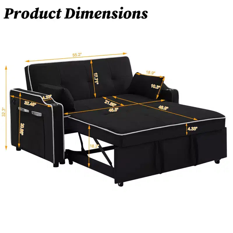 Divano-letto 3 in 1 in velluto, divano-letto estraibile, divano futon convertibile moderno in velluto, schienale regolabile e cuscini, nero