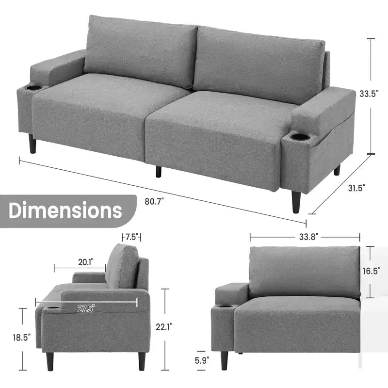 81 Divanetto Moderno, Divani Piccoli con Portabicchieri e Borsa Contenitore, Facile da Installare, Seduta Profonda a 3 Posti, per Appartamento, Camera da Letto, Dormitorio