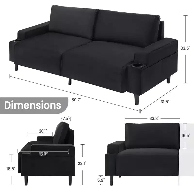 81 Divanetto Moderno, Divani Piccoli con Portabicchieri e Borsa Contenitore, Facile da Installare, Seduta Profonda a 3 Posti, per Appartamento, Camera da Letto, Dormitorio