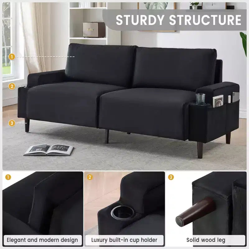 81 Divanetto Moderno, Divani Piccoli con Portabicchieri e Borsa Contenitore, Facile da Installare, Seduta Profonda a 3 Posti, per Appartamento, Camera da Letto, Dormitorio