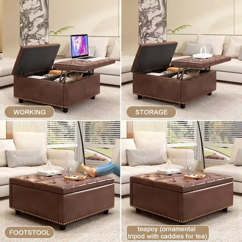 Pouff contenitore in pelle con tavolino da caffè 32, Pouff cubo quadrato con piano sollevabile, Grande tavolino da caffè quadrato con contenitore