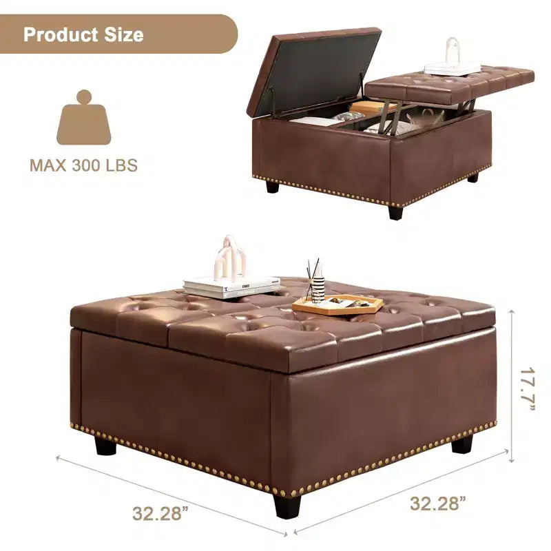 Pouff contenitore in pelle con tavolino da caffè 32, Pouff cubo quadrato con piano sollevabile, Grande tavolino da caffè quadrato con contenitore