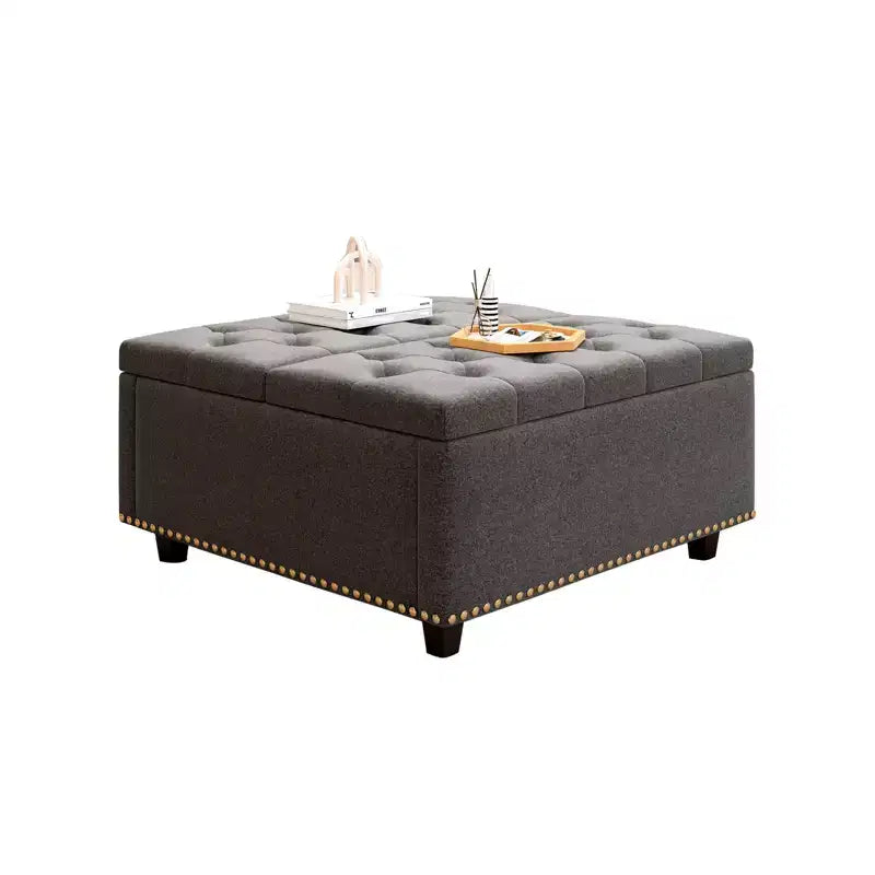 Pouff contenitore in pelle con tavolino da caffè 32, Pouff cubo quadrato con piano sollevabile, Grande tavolino da caffè quadrato con contenitore