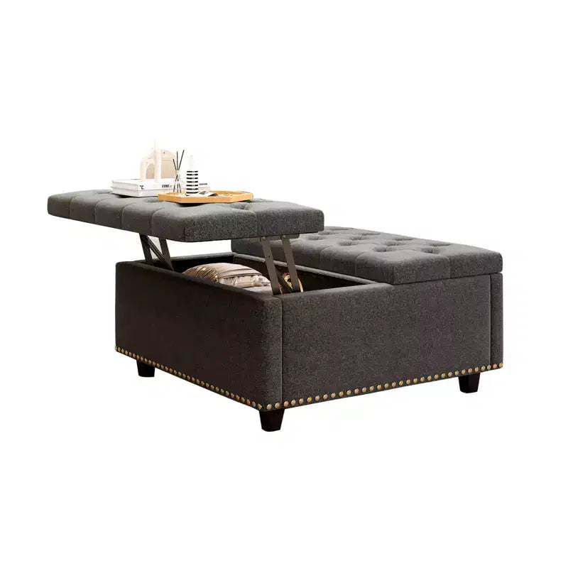 Pouff contenitore in pelle con tavolino da caffè 32, Pouff cubo quadrato con piano sollevabile, Grande tavolino da caffè quadrato con contenitore