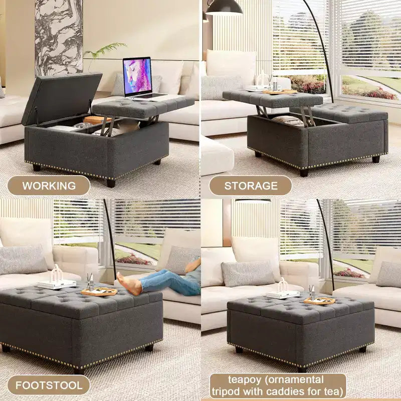 Pouff contenitore in pelle con tavolino da caffè 32, Pouff cubo quadrato con piano sollevabile, Grande tavolino da caffè quadrato con contenitore