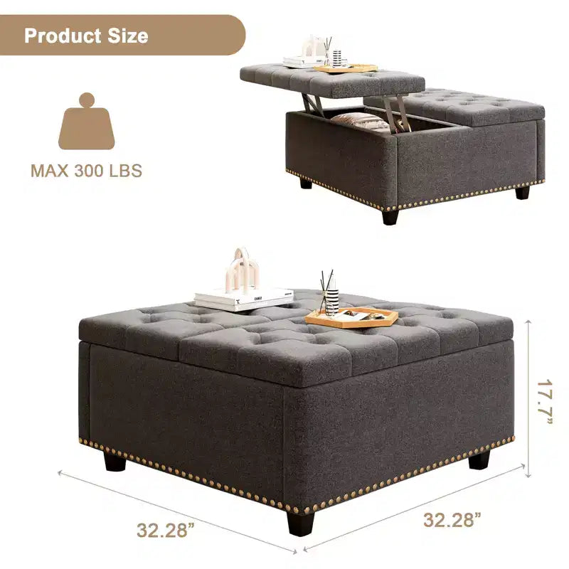 Pouff contenitore in pelle con tavolino da caffè 32, Pouff cubo quadrato con piano sollevabile, Grande tavolino da caffè quadrato con contenitore