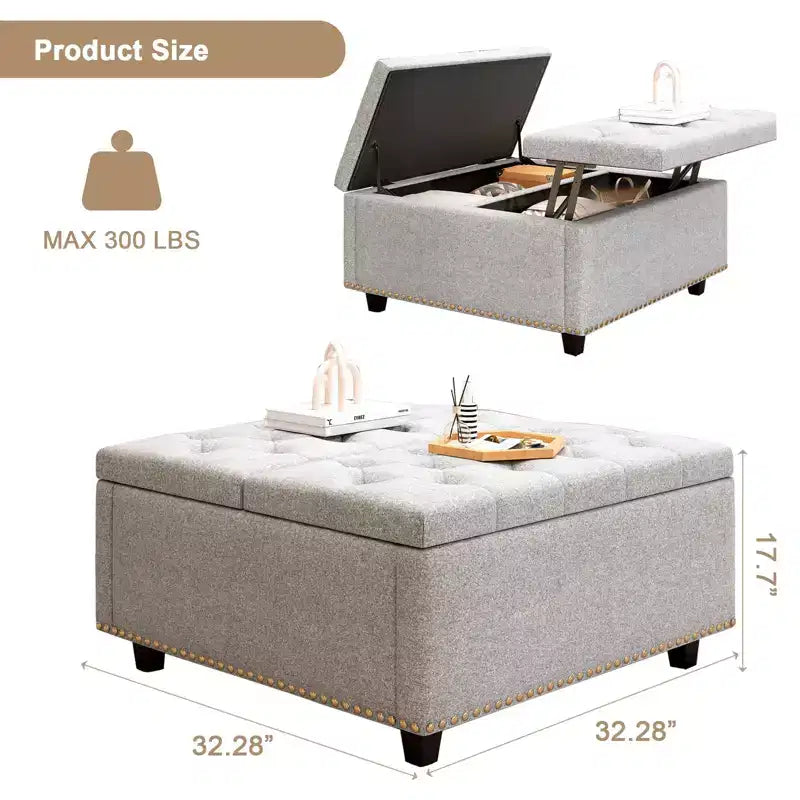 Pouff contenitore in pelle con tavolino da caffè 32, Pouff cubo quadrato con piano sollevabile, Grande tavolino da caffè quadrato con contenitore