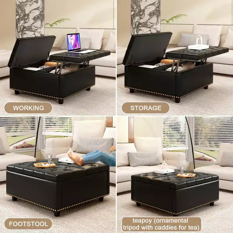 Pouff contenitore in pelle con tavolino da caffè 32, Pouff cubo quadrato con piano sollevabile, Grande tavolino da caffè quadrato con contenitore