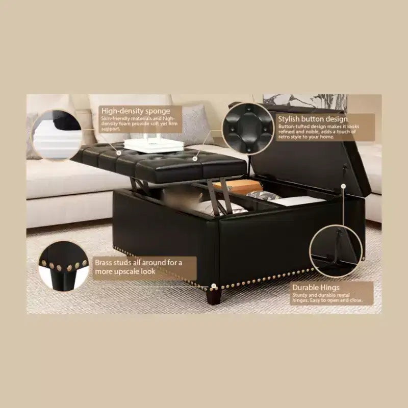 Pouff contenitore in pelle con tavolino da caffè 32, Pouff cubo quadrato con piano sollevabile, Grande tavolino da caffè quadrato con contenitore