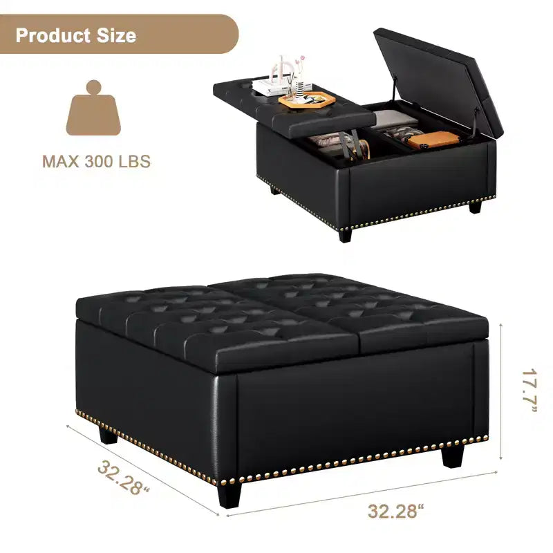 Pouff contenitore in pelle con tavolino da caffè 32, Pouff cubo quadrato con piano sollevabile, Grande tavolino da caffè quadrato con contenitore