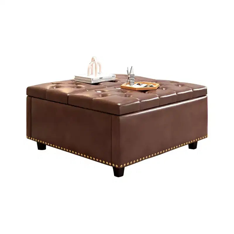 Pouff contenitore in pelle con tavolino da caffè 32, Pouff cubo quadrato con piano sollevabile, Grande tavolino da caffè quadrato con contenitore