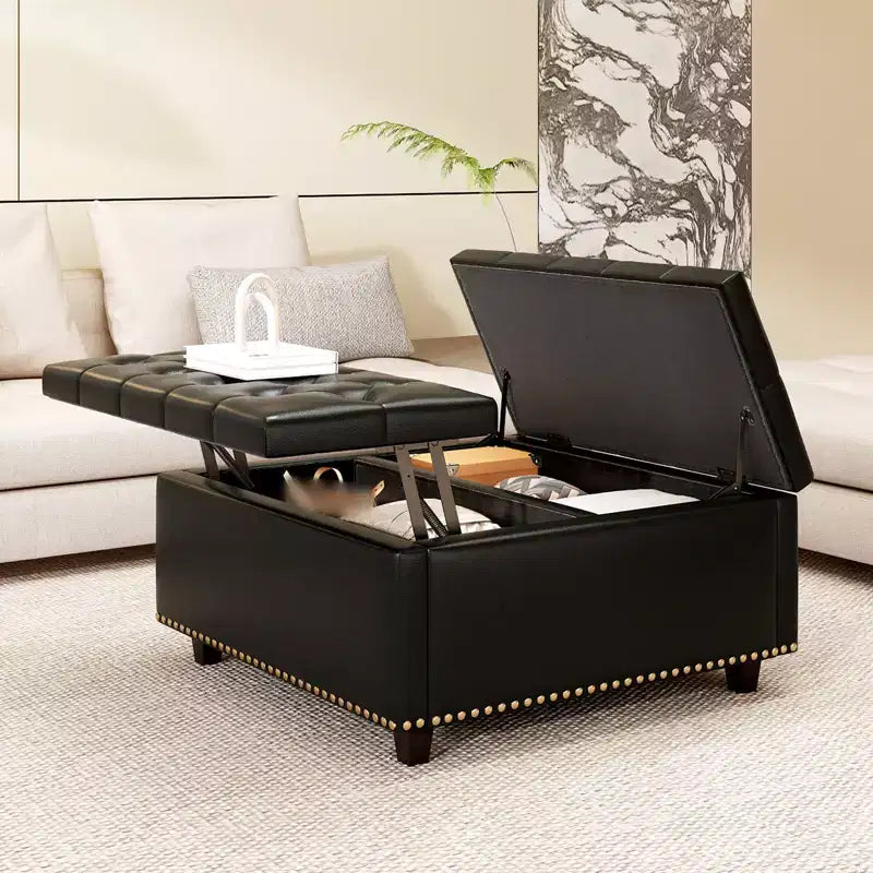 32 Leather Coffee Table Storage Ottoman, Square Lift-Top Ottoman Cube Bench, Large Square Storage Coffee Table