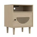 Nightstand with Charging Station, Rattan End Table with Rattan Decor Door, for Bedroom, Living Room,