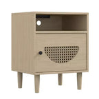 Nightstand with Charging Station, Rattan End Table with Rattan Decor Door, for Bedroom, Living Room,