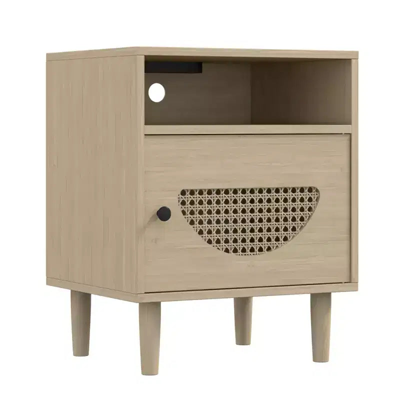 Nightstand with Charging Station, Rattan End Table with Rattan Decor Door, for Bedroom, Living Room,