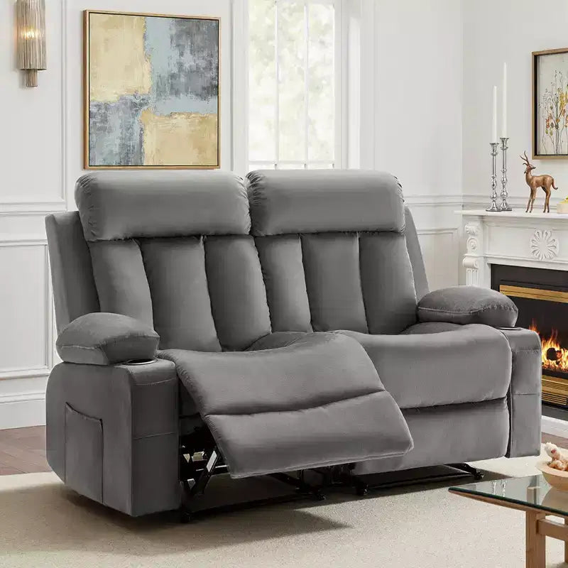 Divano Reclinabile a Due Posti VEVOR, Divano Reclinabile Elettrico con Funzione Riscaldante e Massaggiante, Morbido Divano Reclinabile Elettrico in Velluto con Porte USB, Portabicchieri, Grigio