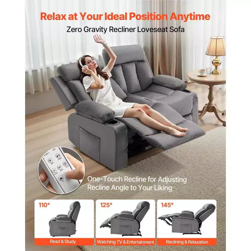 Divano Reclinabile a Due Posti VEVOR, Divano Reclinabile Elettrico con Funzione Riscaldante e Massaggiante, Morbido Divano Reclinabile Elettrico in Velluto con Porte USB, Portabicchieri, Grigio