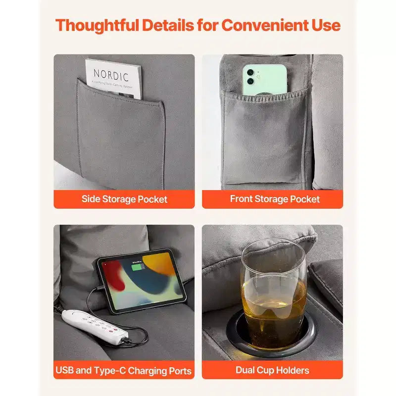 Divano Reclinabile a Due Posti VEVOR, Divano Reclinabile Elettrico con Funzione Riscaldante e Massaggiante, Morbido Divano Reclinabile Elettrico in Velluto con Porte USB, Portabicchieri, Grigio