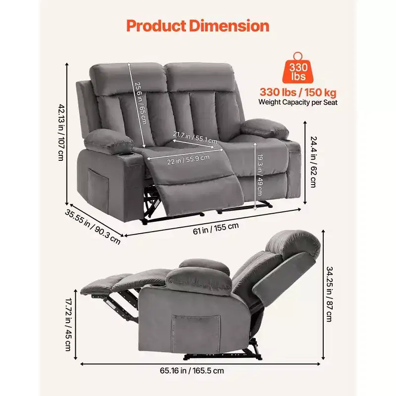 Divano Reclinabile a Due Posti VEVOR, Divano Reclinabile Elettrico con Funzione Riscaldante e Massaggiante, Morbido Divano Reclinabile Elettrico in Velluto con Porte USB, Portabicchieri, Grigio