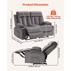 Divano Reclinabile a Due Posti VEVOR, Divano Reclinabile Elettrico con Funzione Riscaldante e Massaggiante, Morbido Divano Reclinabile Elettrico in Velluto con Porte USB, Portabicchieri, Grigio