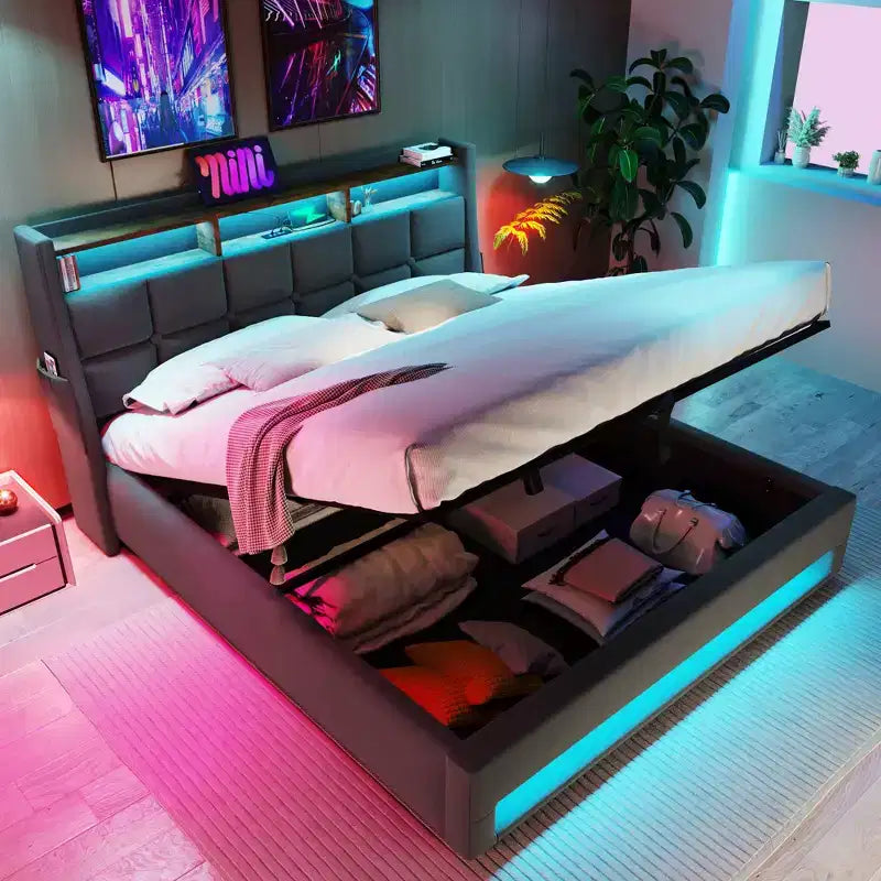 Letto Queen Size con Contenitore Idraulico, LED, USB, Testiera Imbottita, Nessuna Rete a Molle, Facile Montaggio