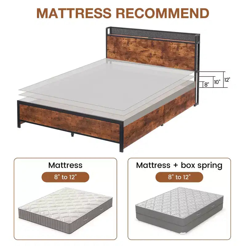 Base Letto a Piattaforma con Testiera, Stazione di Ricarica USB, Illuminazione a LED e 4 Cassetti Contenitore, Nessuna Rete a Molle Richiesta, Supporto Robusto