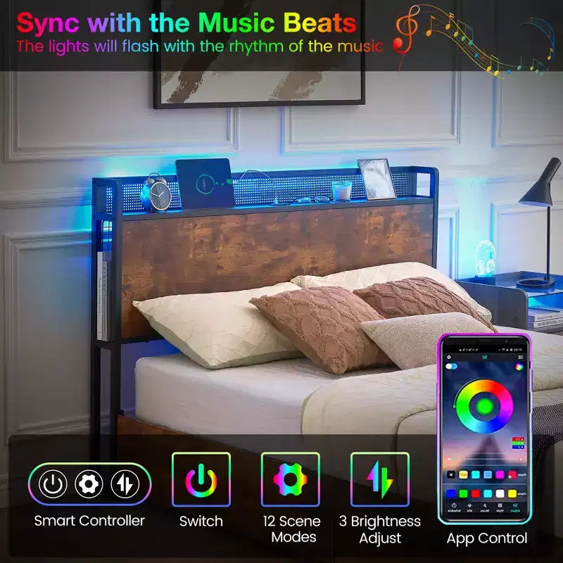 Base Letto a Piattaforma con Testiera, Stazione di Ricarica USB, Illuminazione a LED e 4 Cassetti Contenitore, Nessuna Rete a Molle Richiesta, Supporto Robusto