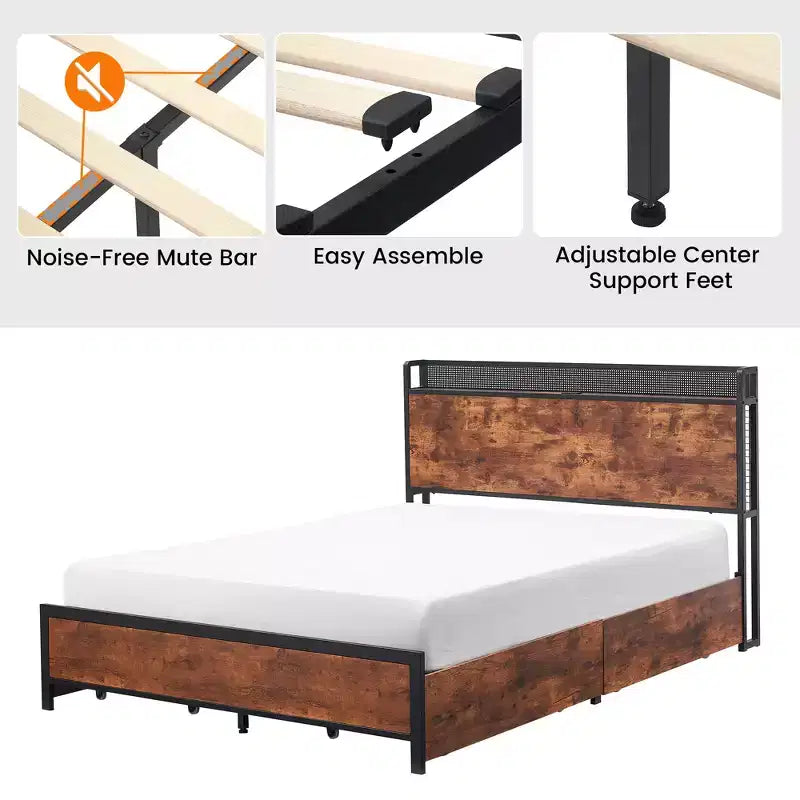 Base Letto a Piattaforma con Testiera, Stazione di Ricarica USB, Illuminazione a LED e 4 Cassetti Contenitore, Nessuna Rete a Molle Richiesta, Supporto Robusto