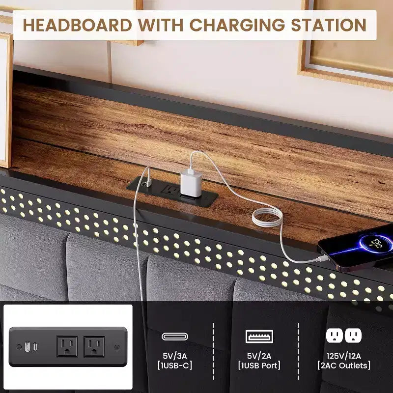 Struttura letto a piattaforma con testiera contenitore, stazione di ricarica USB, illuminazione a LED e contenitore sotto il letto, nessuna rete a molle richiesta, supporto per carichi pesanti