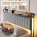Struttura letto a piattaforma con testiera contenitore, stazione di ricarica USB, illuminazione a LED e contenitore sotto il letto, nessuna rete a molle richiesta, supporto per carichi pesanti