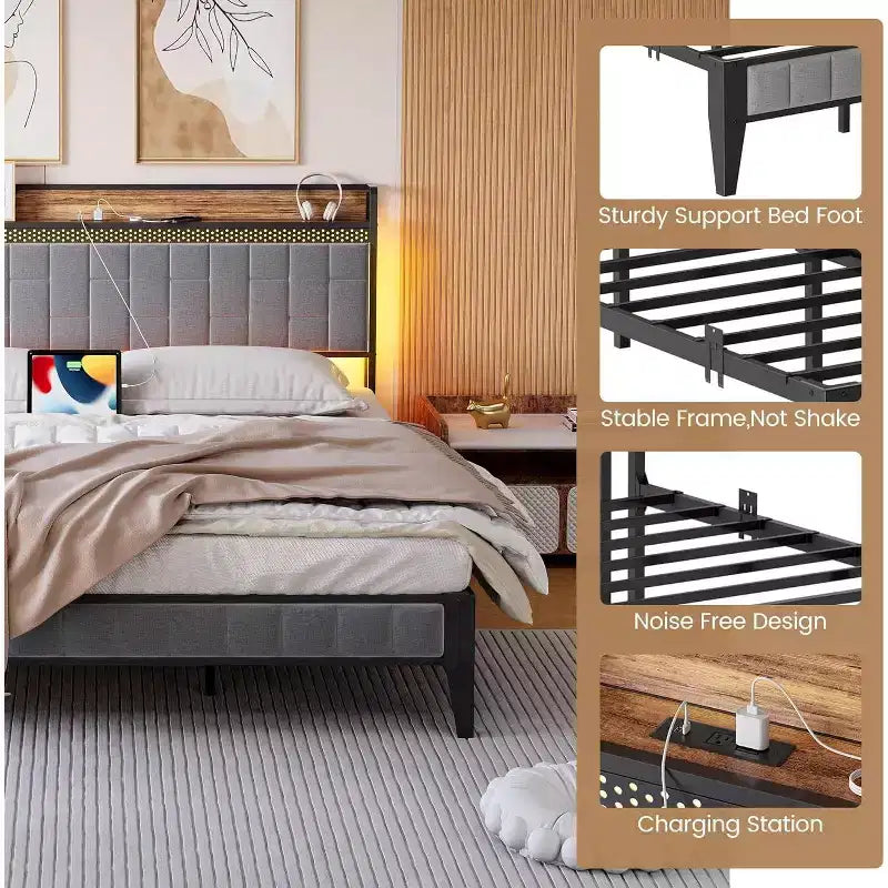 Struttura letto a piattaforma con testiera contenitore, stazione di ricarica USB, illuminazione a LED e contenitore sotto il letto, nessuna rete a molle richiesta, supporto per carichi pesanti