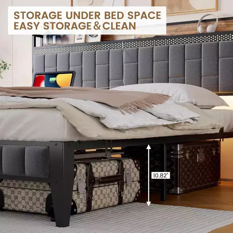 Struttura letto a piattaforma con testiera contenitore, stazione di ricarica USB, illuminazione a LED e contenitore sotto il letto, nessuna rete a molle richiesta, supporto per carichi pesanti