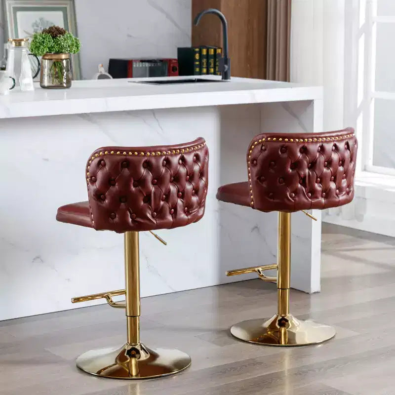 Set of 2 Modern Burgundy Swivel Bar Stools, Adjustable Height, Tufted Back