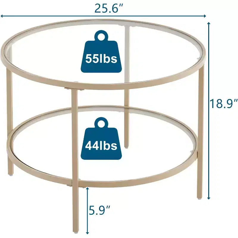 VINGLI Tavolino da Caffè Rotondo in Vetro da 65 cm, Tavolino a 2 Livelli con Ripiano, Tavolino Moderno con Struttura Beige, per Salotto
