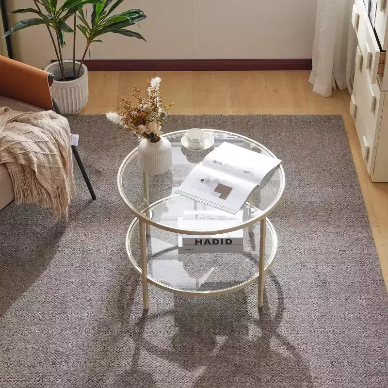 VINGLI Tavolino da Caffè Rotondo in Vetro da 65 cm, Tavolino a 2 Livelli con Ripiano, Tavolino Moderno con Struttura Beige, per Salotto