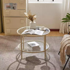 VINGLI Tavolino da Caffè Rotondo in Vetro da 65 cm, Tavolino a 2 Livelli con Ripiano, Tavolino Moderno con Struttura Beige, per Salotto