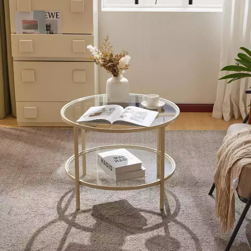 VINGLI Tavolino da Caffè Rotondo in Vetro da 65 cm, Tavolino a 2 Livelli con Ripiano, Tavolino Moderno con Struttura Beige, per Salotto