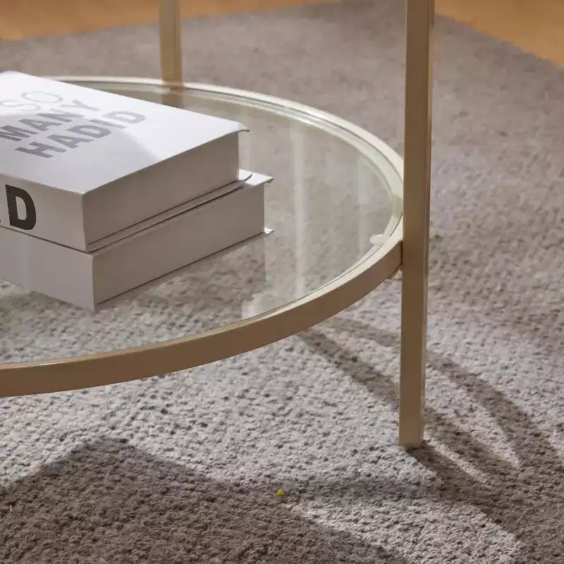 VINGLI Tavolino da Caffè Rotondo in Vetro da 65 cm, Tavolino a 2 Livelli con Ripiano, Tavolino Moderno con Struttura Beige, per Salotto