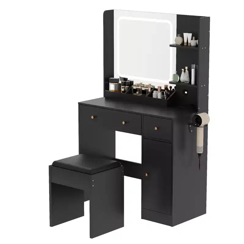 GustoWave Tocador da Trucco Moderno con Luci e Specchio, Tavolo da Trucco con Supporto per Asciugacapelli, Cassetti e Ripiani con Sgabello, Nero