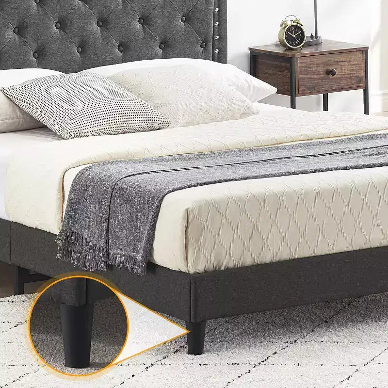 Struttura letto imbottita con testiera regolabile, letto capitonné con alette, nessuna necessità di rete a molle, grigio