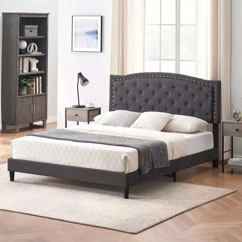 Struttura letto imbottita con testiera regolabile, letto capitonné con alette, nessuna necessità di rete a molle, grigio