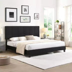 King Upholstered Platform Bed with Linen Headboard, Sturdy Support, No Box Spring Needed