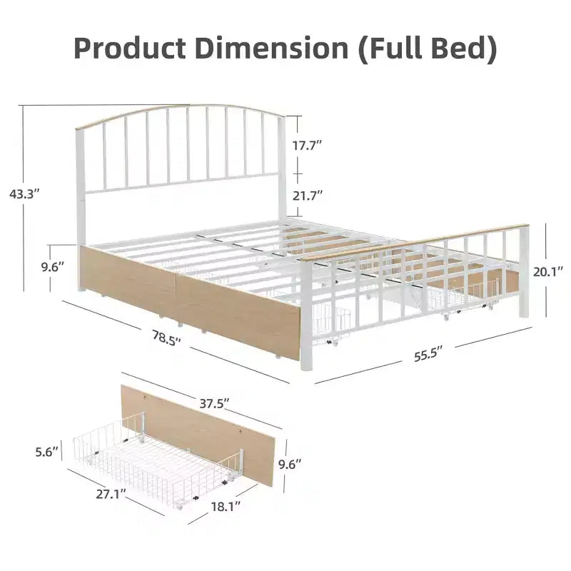Struttura Letto con Cassetti Contenitore, Letto a Piattaforma in Metallo Bianco con Testiera, 4 Grandi Cassetti e Supporto Stabile, Nessuna Rete a Molle Necessaria
