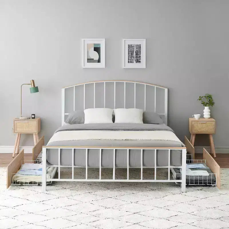 Struttura Letto con Cassetti Contenitore, Letto a Piattaforma in Metallo Bianco con Testiera, 4 Grandi Cassetti e Supporto Stabile, Nessuna Rete a Molle Necessaria