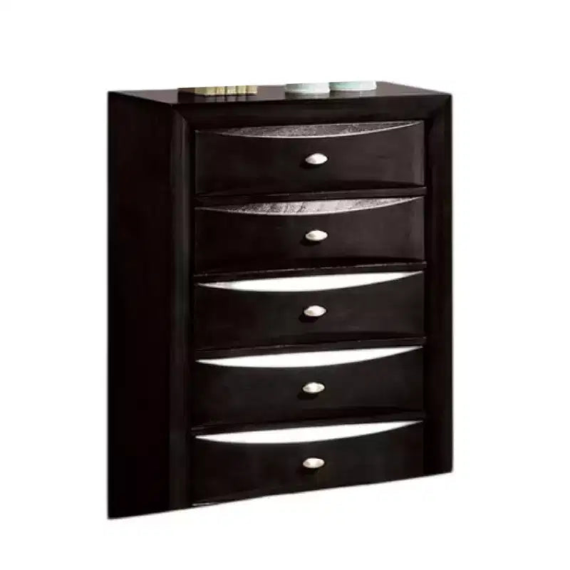 Cassettiera alta Royal Hampton, 5 cassetti, maniglie cromate, legno nero moderno