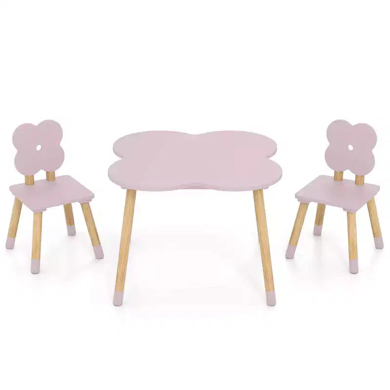 Set Tavolo a Fiori per Bambini Costway con 2 Sedie a Misura di Bambino, Gambe in Legno Massello di Pino Rosa/Bianco