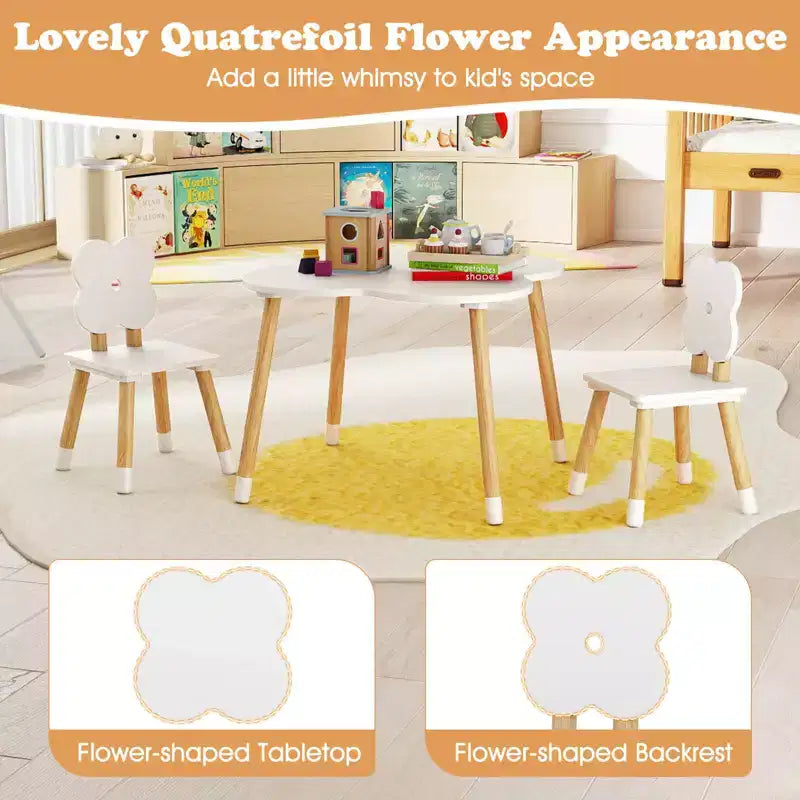 Set Tavolo a Fiori per Bambini Costway con 2 Sedie a Misura di Bambino, Gambe in Legno Massello di Pino Rosa/Bianco